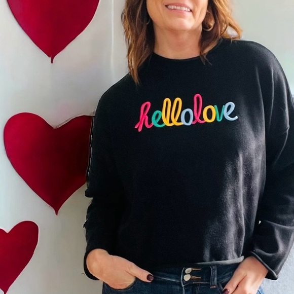 FIRST LOVE Black Sweater with an Embroidered “Hello Love” in Rainbow Trim - Picture 5 of 8